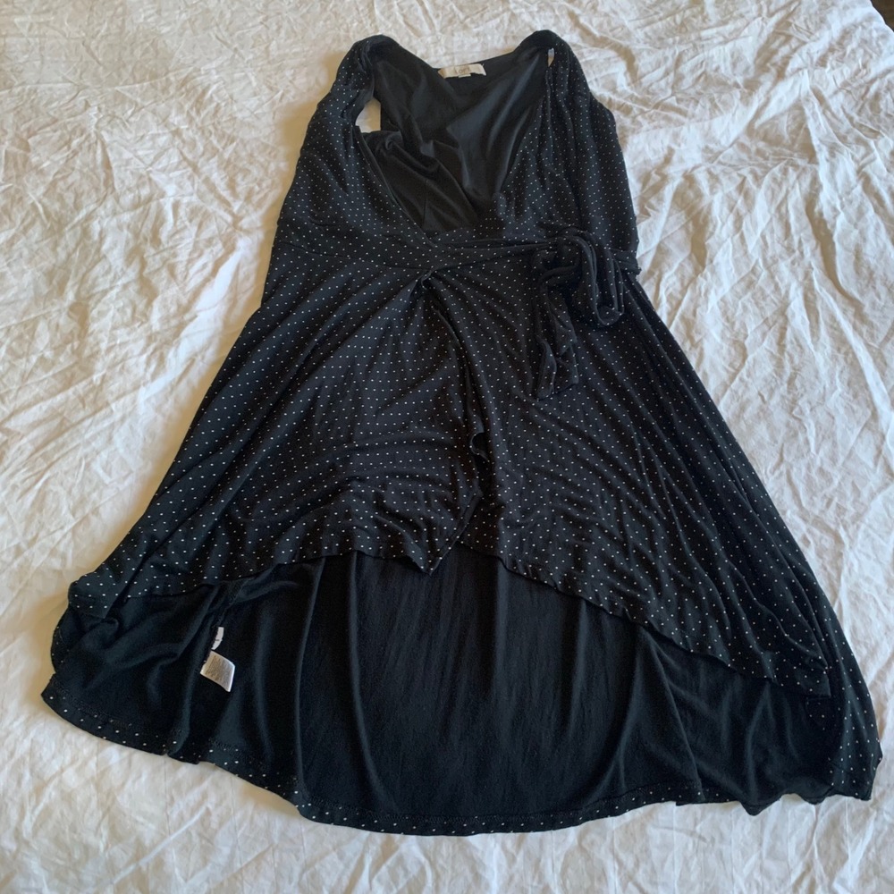 LOFT S Wrap Dress Black Polka Dot High Low Sleeveless Stretch V-Neck Knit